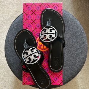 Tory Burch Metal Miller Embellished Sandal in Size 6.
